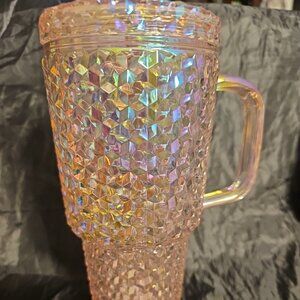 Holiday Time: 30 Ounce Plastic Iridescent Double Wall Tumbler, Pink Cup w/ Straw